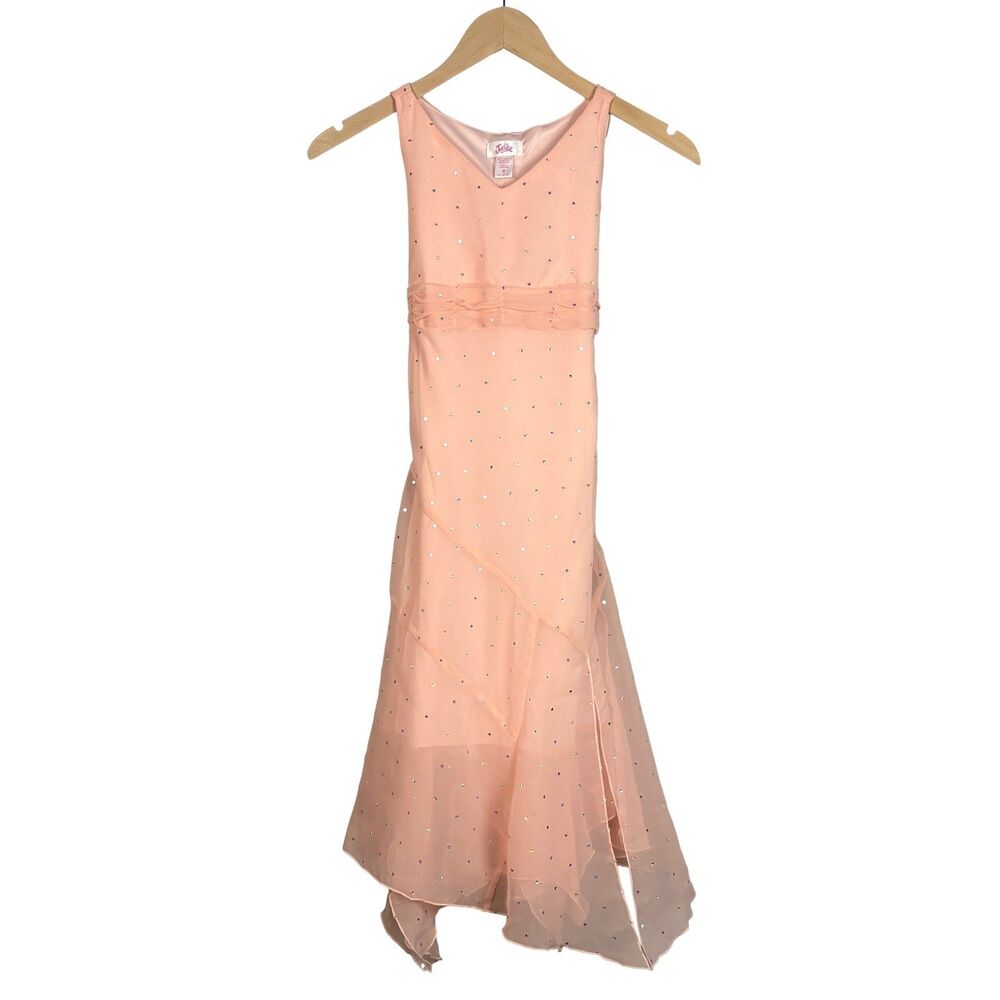 Vtg Y2K Justice Dress Girl 8 Peach Chiffon Asymmetric Hem Whimsical Fairy Easter